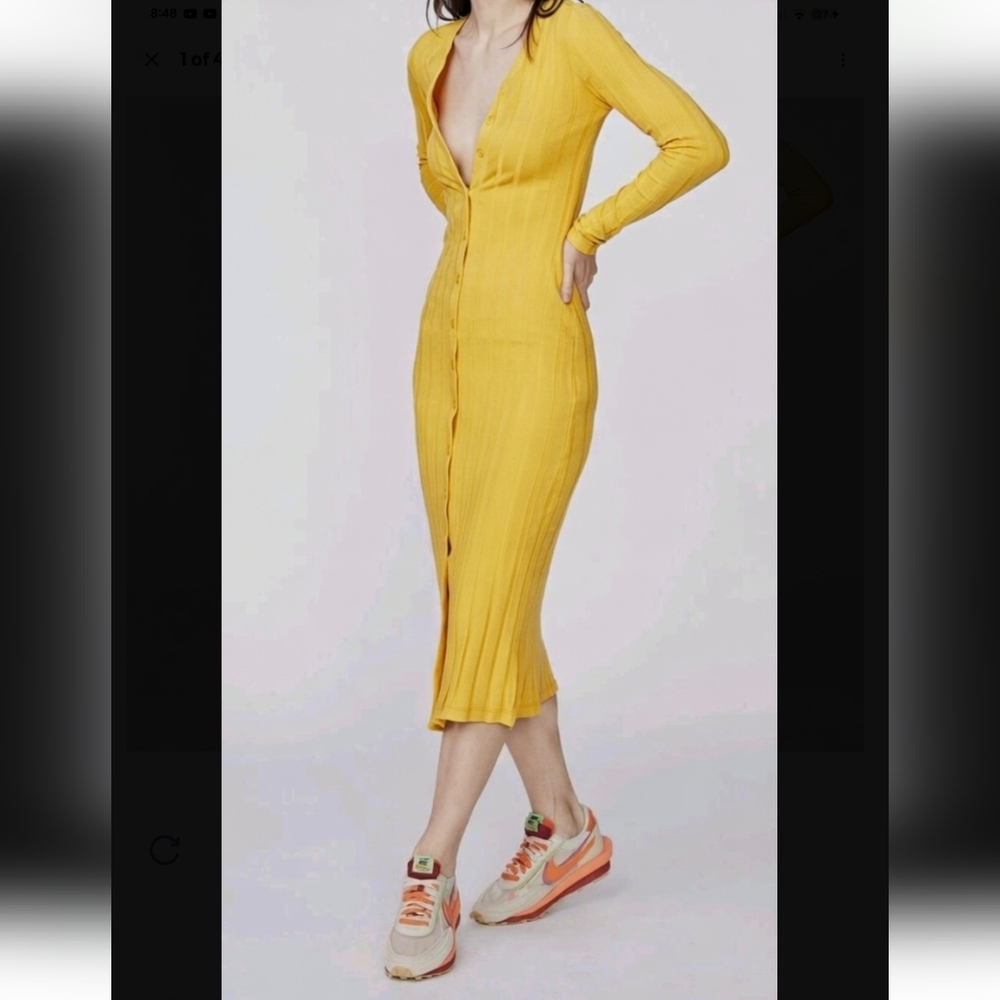Monrow Women's Butter Yellow Flat-Rib‎ Midi Cardigan Dress NWT Long Sleeve Large
